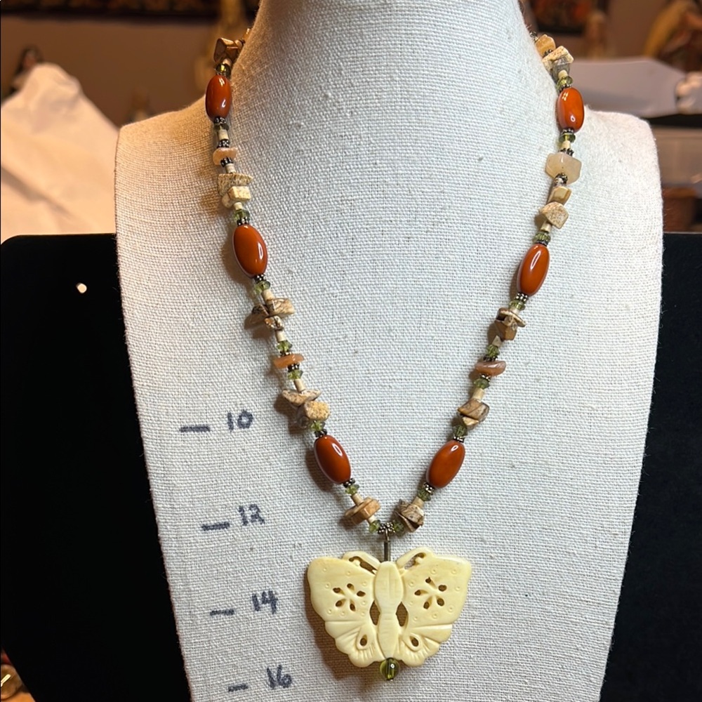 Butterfly Pendant Necklace with Orange and Cream Stones